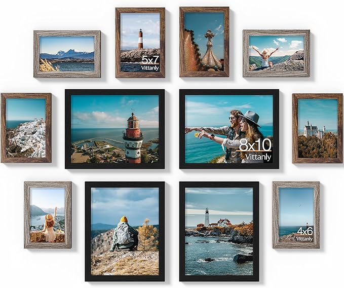 Vittanly 12 Pack Picture Frames Collage Wall Decor for Mounting or Tabletop Display, Gallery Wall Frame Set for Family, Multi Sizes Including 4pcs 8x10, 4pcs 5x7, 4pcs 4x6, Black, Brown and Dark Grey