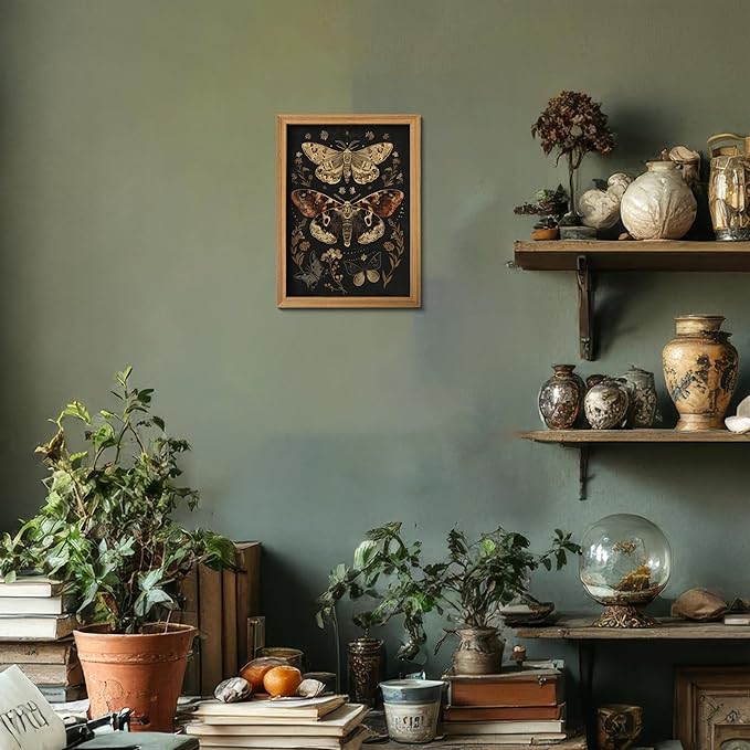 3D Textured Vintage Butterfly Framed Wall Art, Dark Academia Moth Wall Decor Painting, Hand Drawn Sandstone Gothic Moody Insect Artwork Picture for Living Room Bedroom Office 16x24 Inch