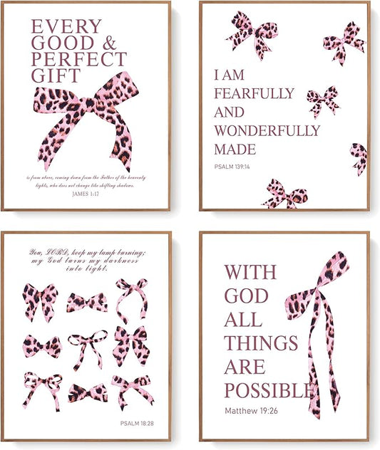 LARTSFRO Coquette Pink Leopard Bow Wall Art Decor Posters, Y2K Cheetah Leopard Bow Room Bedroom Bathroom Dorm Wall Art Decor Aesthetic for College Teen Girls Gifts, Inspirational Bible Verses Bow Wall Decor, 10x8 Inch Set of 4 Pcs Cheetah Bow Pictures ...