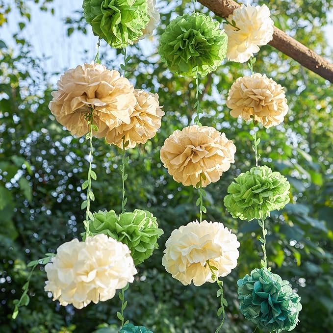 Paper Flower Garland, Saga Green, Light Beige and Cream Color Tissue Paper Flowers Party Decorations, Paper Flowers for Baby Shower, Garden Party, Wedding, Wall Decor, Spring Summer Decor