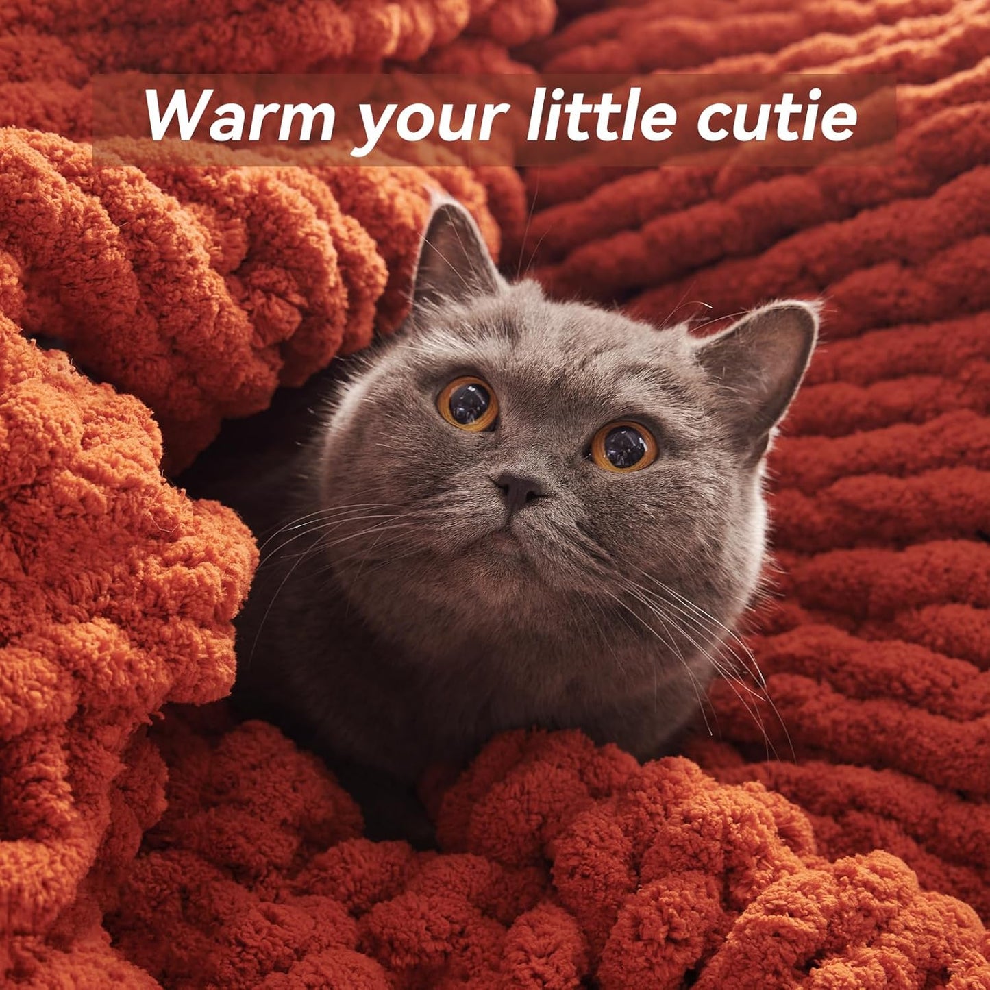 Chunky Knit Throw Blanket, 50''*60'' Knitted Throw Chenille Yarn for Bed Couch, Handmade Orange Crochet Big Thick Blanket, Machine Washable Cute Comfy Blanket for Home Decor