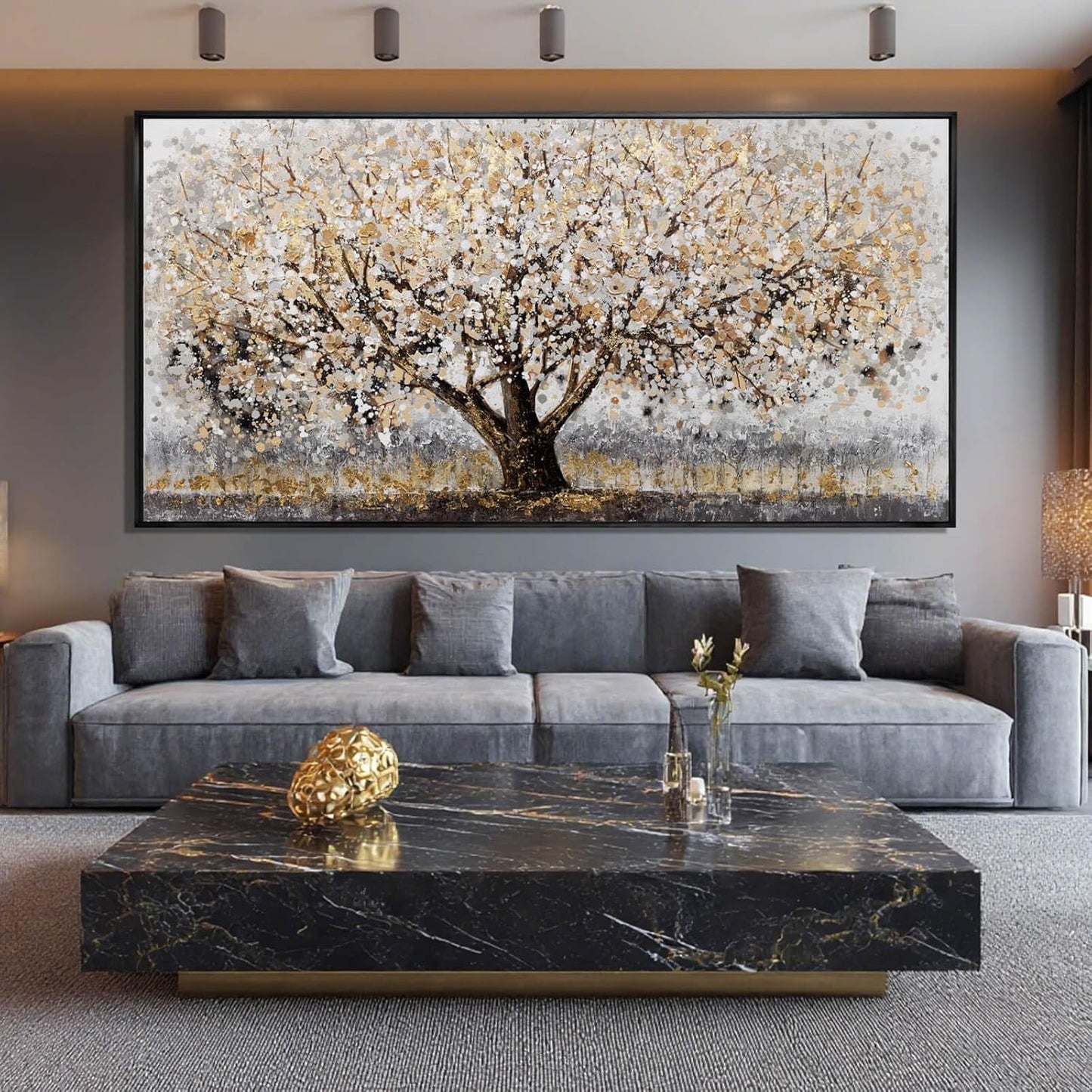 Gold Foil Canvas Wall Art Flower Wall Decor Plant Photo Prints Landscape Wall Decorations 29"x58" Large Artwork for Living Room Office