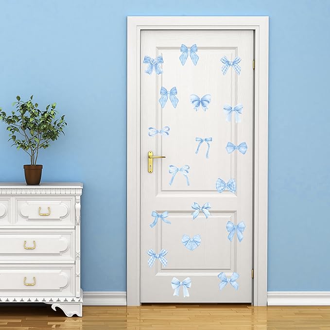 A1diee Blue Bow Wall Stickers - 60Pcs Trendy Light Blue Watercolor Coquette Aesthetic Wall Stickers Bow Knot Baby Room Decor Vinyl Decals Art Wallpaper for Boys Girls Bedroom Kindergarten Nursery
