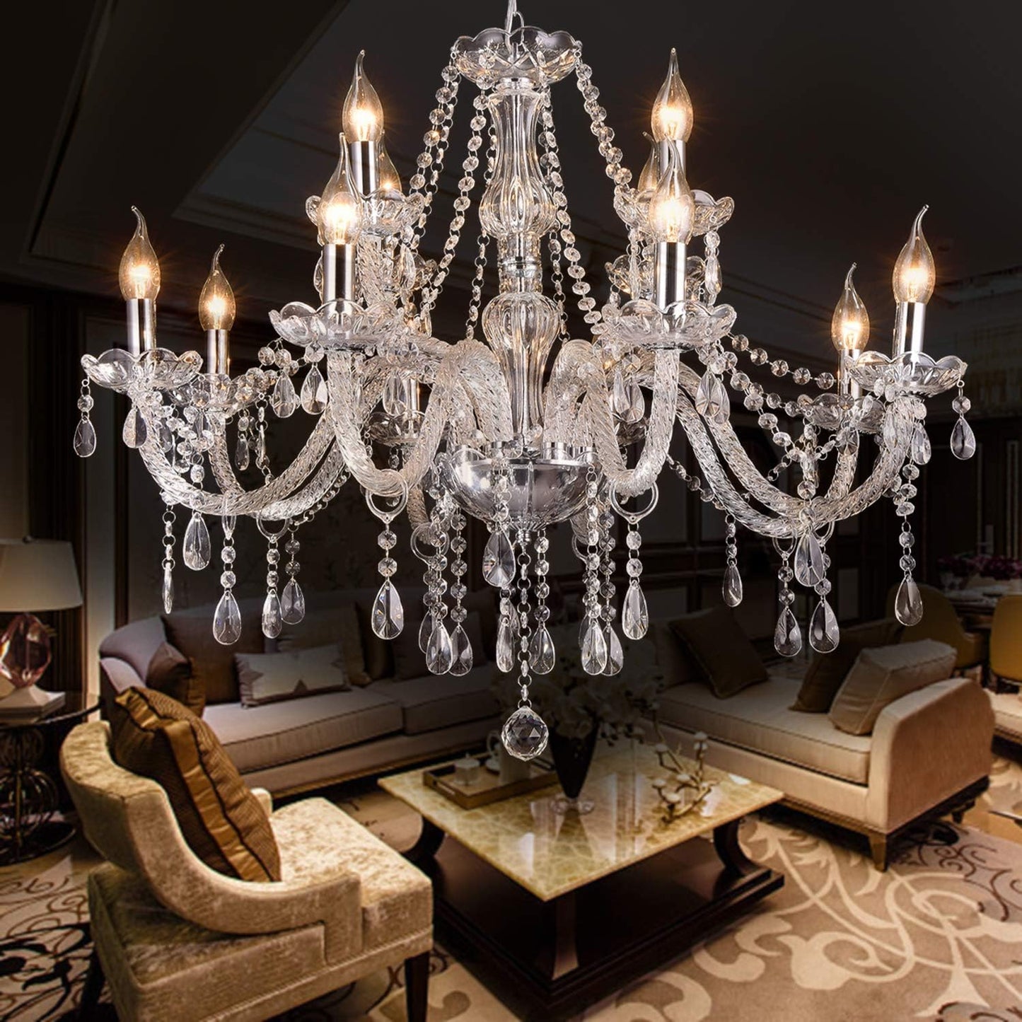 LIUMANG Modern Elegant 12 Lights K9 Crystal Glass Chandelier Pendant Ceiling Lighting European Style for Dining Living Room Bedroom Transparent,12 E12 Bulbs Required