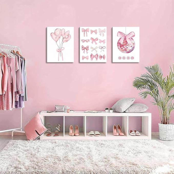 Preppy Pink Bow Canvas Wall Art, Trendy Bows Coquette Room Wall Decor Paintings, Pink Girly Disco Aesthetic Posters Prints Pictures for Girls Dorm Bedroom 16x24 Inch Framed