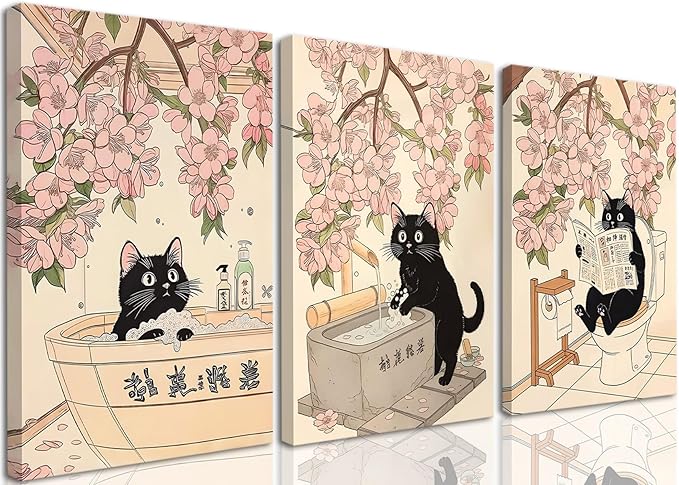 Funny Japanese Bathroom Wall Art Set of 3, Whimsical Black Cat Bathroom Wall Decor Painting Cute Japan Animal on Toilet Reading Poster Canvas Prints 16x24 inch Framed