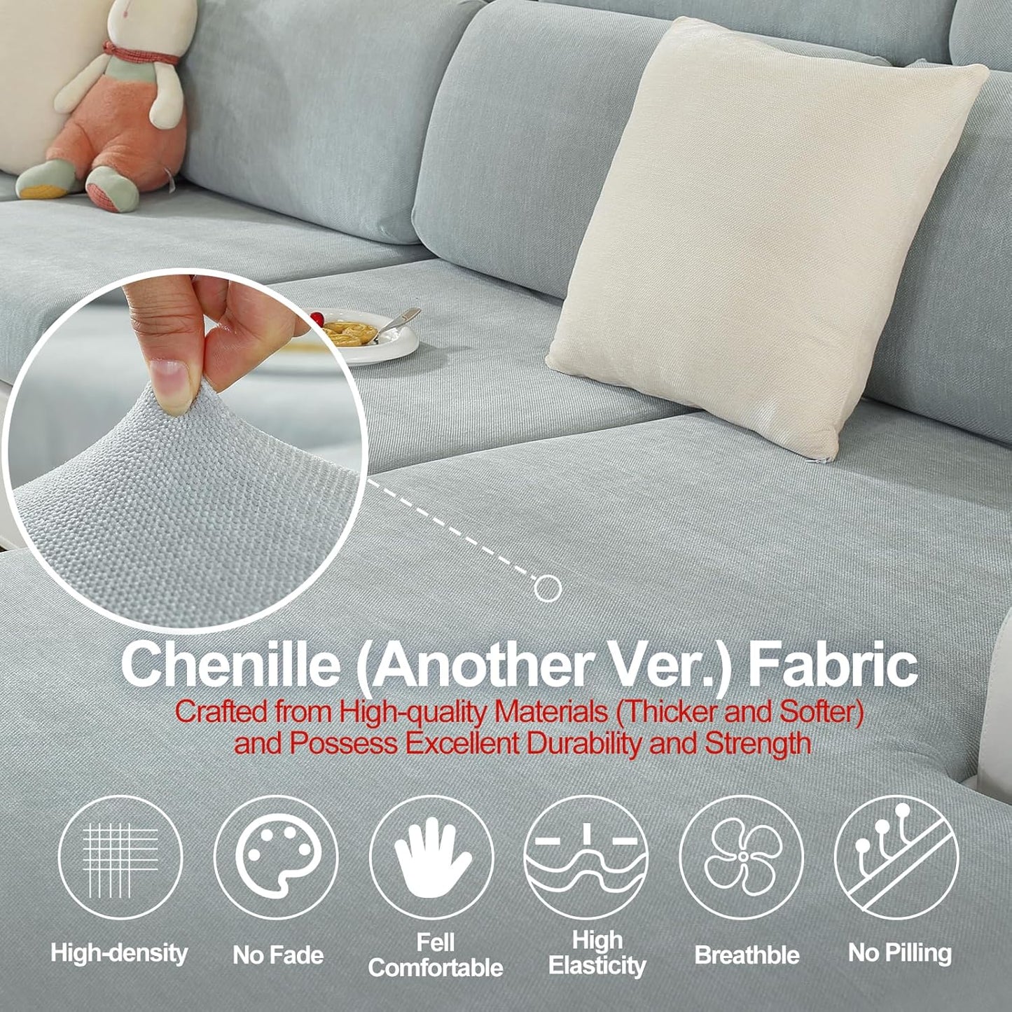 Couch Cushion Covers Individual Large Super Stretch Chenille (Softer Version) Sofa Cushion Covers, Couch Seat Covers Couch Slipcovers Furniture Protector (2 Piece, Light Grey)
