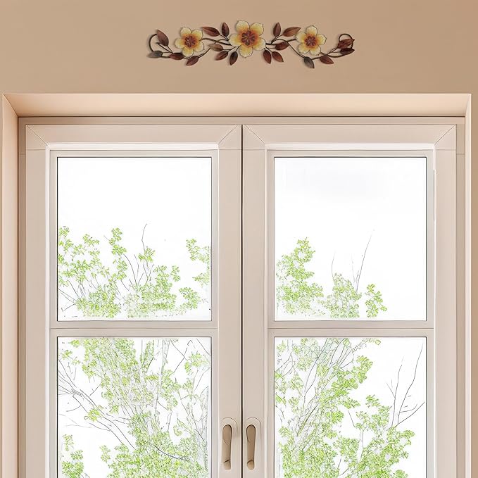Wesiti Metal Flower Wall Decor Vintage Spring Metal Flower Wrought Iron Scroll Sculpture 15.7''x3.7'' Farmhouse Leaf Wall Decor with Nails for Spring Living Room Bedroom Indoor Outdoor(Gold)