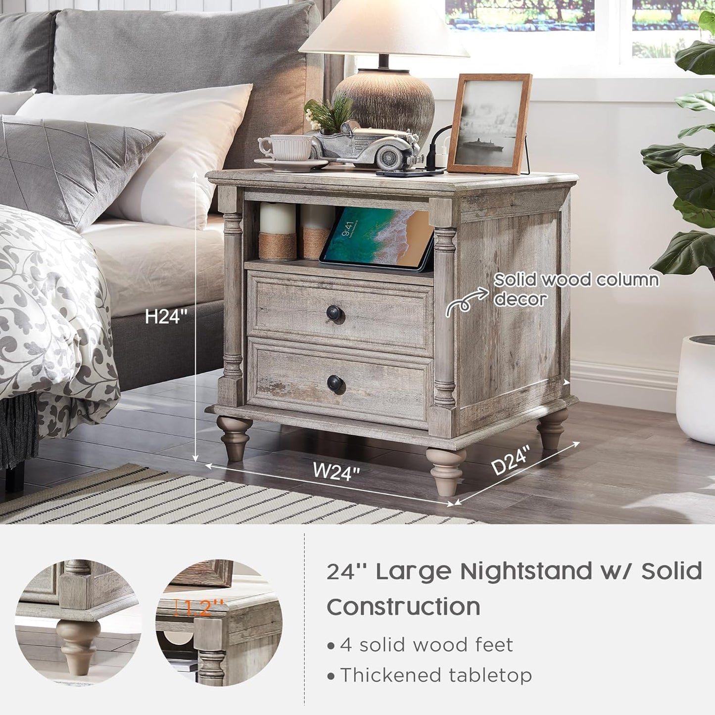 T4TREAM 24'' Farmhouse End Table w/4 Solid Wood Feet, Large 2 Drawers Wide Sofa Side Table with Charging Station, Tall Rustic Wood Square Nightstand for Living Room, Bedroom, Office, Light Rustic Oak