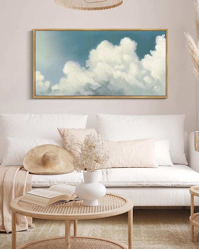 SHENIFY Vintage Framed Wall Art Cloud in Sky Landscape Scenery Rustic Home Decor Retro Decorations for Farmhouse Hallway Bedroom Ready to Hang Wall Artwork - 20x40in Natural Framed
