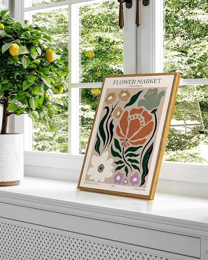 Vintage Botanical Flower Market Framed Wall Art 12x16, Boho Floral Illustration Canvas Print Living Room Bedroom Decor, Scandinavian Nordic Minimalist Modern Bathroom Aesthetic Artwork