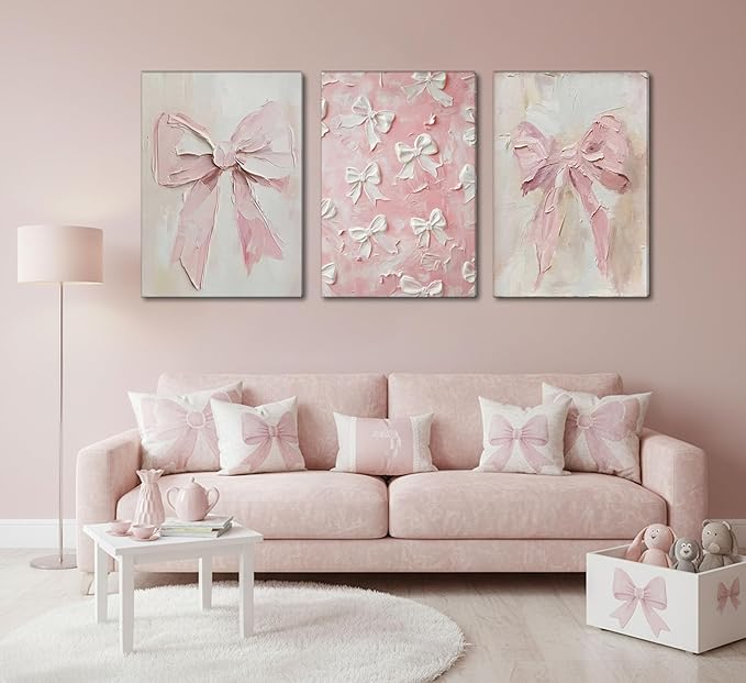 3Pcs Trendy Pink Bow Canvas Wall Art Vintage Cute Preppy Watercolor Bow Painting Pictures Wall Decor Posters Prints Girly Aesthetic for College Apartment Bedroom Decoration