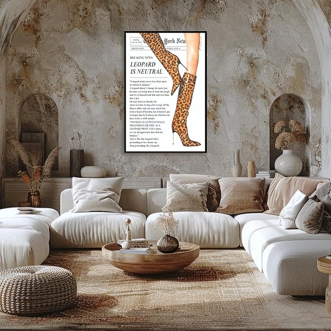 Trendy Newspaper Posters Vintage Leopard Boots Poster Feminist Canvas Prints Retro Fashion Bar Cart Magazine Cover Wall Art for Hot Girl Preppy Y2k Aesthetic Room Home Decor 12x16inch black framed