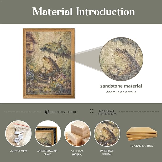3D Textured Framed Vintage Frog Wall Art, Rustic Farmhouse Animal Wall Decor, Funny Frog with Umbrella Sandstone Painting, Whimsical Cottagecore Picture for Living Room Bedroom 16x24 Inch
