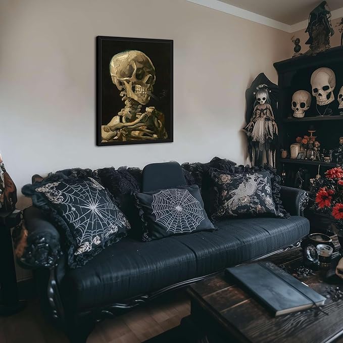 Framed Vincent Van Gogh Skull with Cigarette Canvas Wall Art - Skeleton Paintings Wall Decor, Post-Impressionism Gothic Picture Aesthetic for Halloween Decor Bedroom Living Room Artwork 12x16 inch