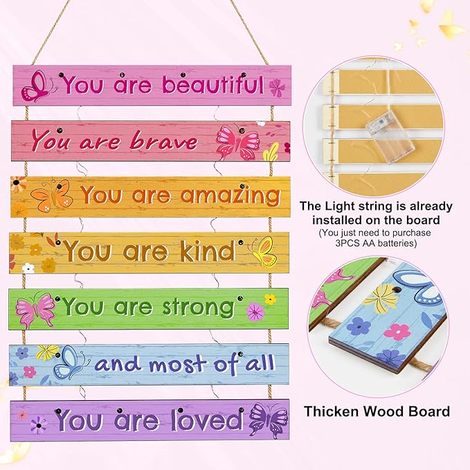 FIOBEE Girls Room Décor for Teen Girls Boys with LED Light Wall Decor for Bedroom Motivational Inspirational Wall Art Room Decoration for Kids Studyroom, 8 Kinds of Lights, Colorful Butterfly