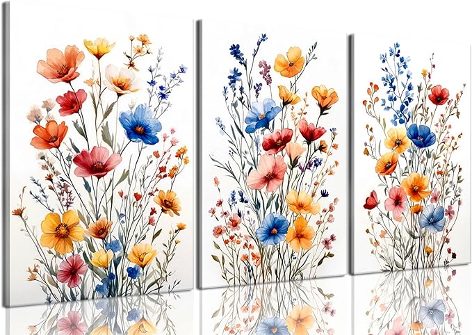 okudolit Colorful Wildflower Framed Canvas Wall Art Set Of 3 Flowers Pictures Prints Flowers Printing Floral Watercolors Flower wall Decor Living Room Bedroom Dinning Room Farmhouse Office-16 x24in