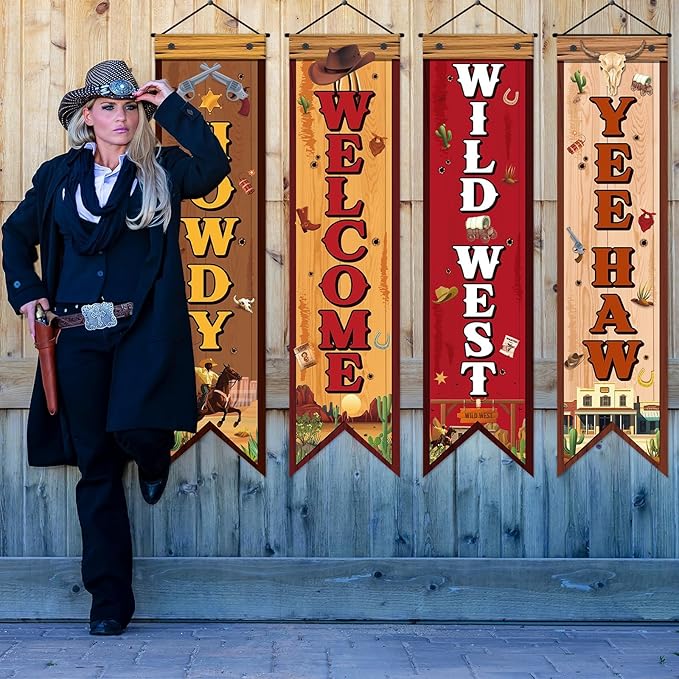 4 Pcs Western Cowboy Party Decorations Wild West Banner Howdy Yes Haw Welcome Hanging Decor Rustic Western Porch Sign Cowboy Rodeo Door Decorations for Bar Birthday Photo Props Vintage Party Supplies