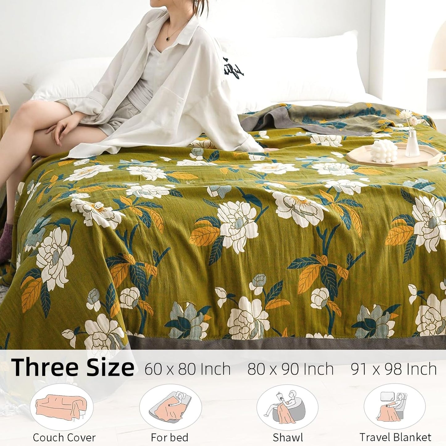Boho Throw Blanket for Bed - 100% Pure Cotton Ultra Soft Rustic Quilt - Farmhouse Decor Bed Blankets, All Season Rustic Throw for Sofa Couch Chair(80''x 90'', Flower Branch)