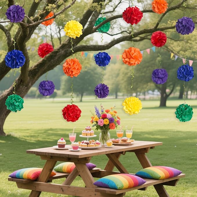 Rainbow Party Decorations Colorful Tissue Paper Flowers Pom Pom with Leaf Ribbon Hanging Garland Streamer for Multi-color Birthday Baby Shower Wedding Carnival Clown Fiesta Festival Party Supplies
