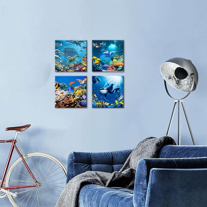 Beach Wall Art Bathroom Decor Ocean Animals Canvas Prints Sea Turtle Dolphin Picture for Living Room Kids Bedroom Colorful Coastal Seascape Artwork Nautical Theme Painting Home Decorations 16x16” 4Pcs