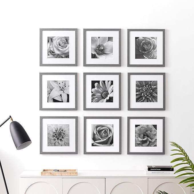 eletecpro 12x12 Picture Frames Set of 9 with Mat for 8x8 Photos or without Mat for 12x12, Square Gallery Wall Decor Collage for Picture Display, Washing Grey Frame Set for Wall Hanging