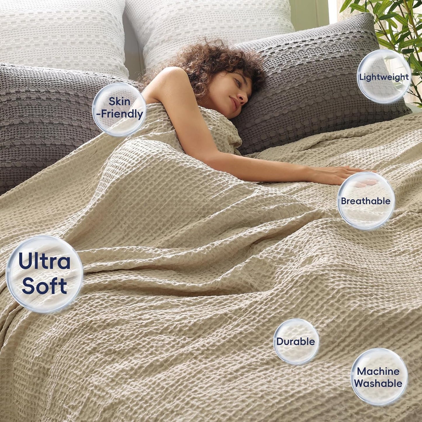 PHF Ultra Soft Waffle Weave Blanket King Size 104"x 90"- Washed Lightweight Breathable Cozy Woven Blanket for Bed - Aesthetic Decor for Couch Bedding Sofa Home Car - Khaki