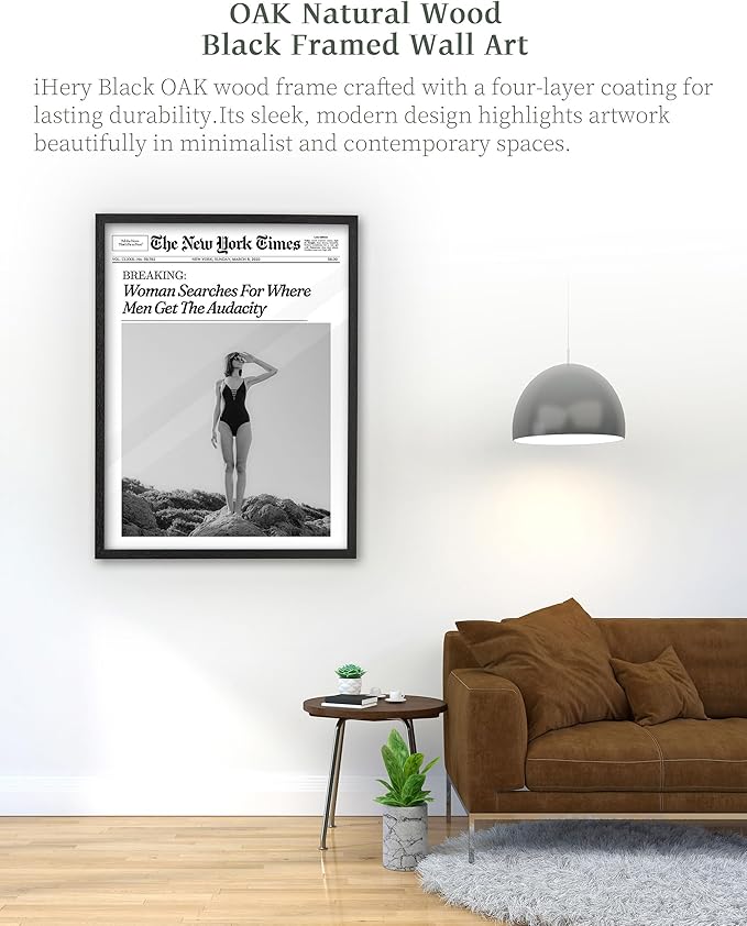iHery Premium Natural Black OAK Wood 16x20in Trendy Framed Wall Art, Retro Woman Searches For Where Men Get The Audacity Canvas Wall Decor For Girly Dorm Bedroom Living Room 1Pack