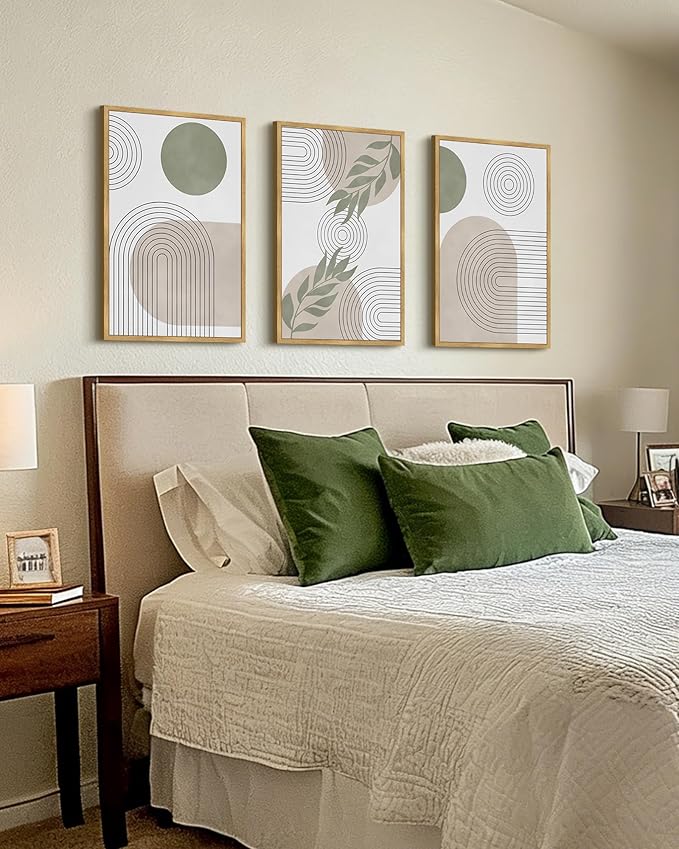 Drsoum Green Botanical Boho Wall Art Framed Modern Bohemian Sage Wall Decor Abstract Geometry Lines Prints Ready to Hang 16x24in Natural Framed