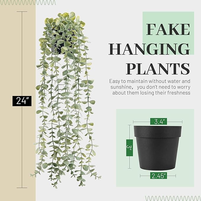 Der Rose 1Pcs Fake Plants Hanging Artificial Potted Faux Eucalyptus Plants for Modern Boho Farmhouse Bathroom Office Desk Wall Book Shelf Living Room Aesthetic Decor Indoor