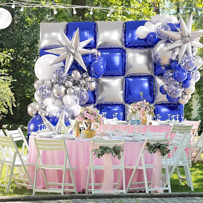 25pcs Blue and Silver Foil Square Balloon Backdrop Wall with 149pcs Royal Blue White Silver Balloons Arch, Double Sided Balloon Tunnel with Star Balloons for Graduation,New Year Party Decor
