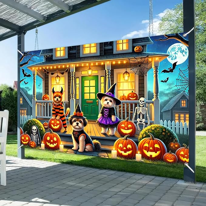 Halloween Dog Backdrop Banner Spooky Puppy Costume with Pumpkins Skeleton Witch Porch Decoration Party Photo Booth Background Scene 71×43 Inch