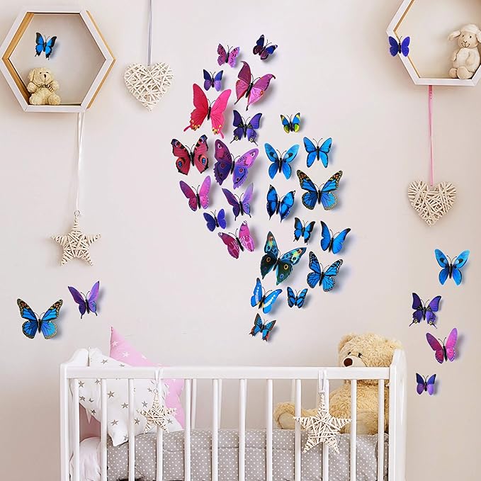 24pcs 3D Vivid Special Man-Made Lively Butterfly Wall Stickers Removable Butterflies Wall Decals 3D Nursery Art Decor for Kids Girls Bedroom Living Room Classroom Party Decoration Purple & Blue