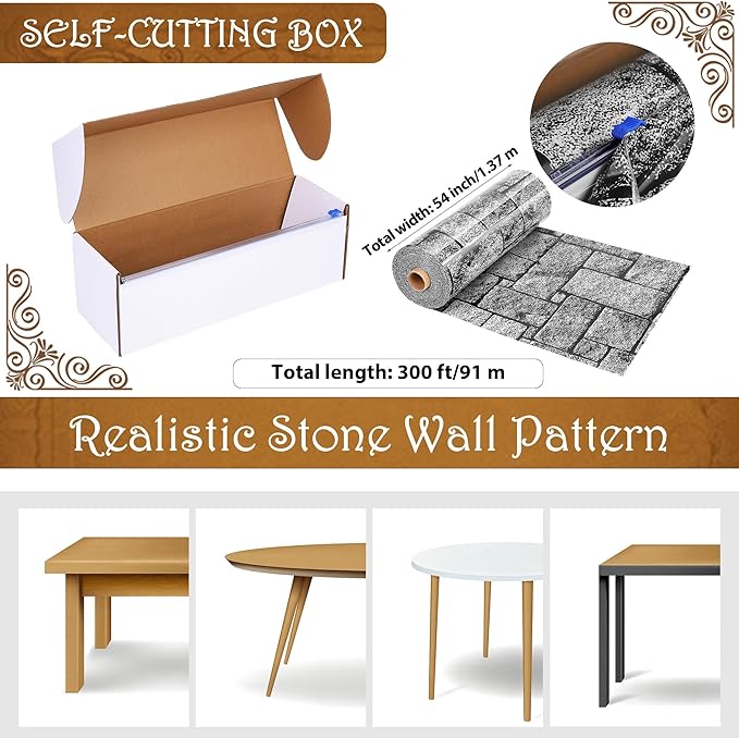 Kochorie 300 Ft X 54 Inch Stone Wall Tablecloth Roll with Cutter Box Disposable Plastic Stone Table Cover Medieval Stone Brick Table Cloth Dirt Floor Wall Backdrops for Farm Wedding Birthday Party