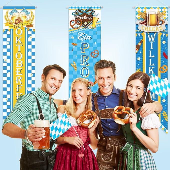3 Pieces Oktoberfest Party Decorations Bavarian Banners Oktoberfest Prosit Welcome Porch Signs Festival Hanging Backdrops for Home Bar German Party Indoor Outdoor Wall Door Decor