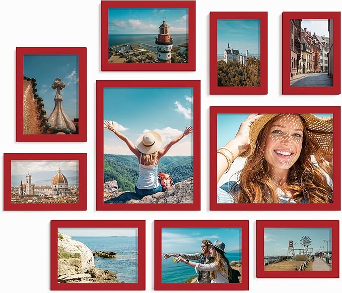 Vittanly 10 Pack Picture Frames Collage Wall Decor, Gallery Frame Set for Wall Mounting or Tabletop Display, Multi Sizes Including 2pcs 8x10, 4pcs 5x7, 4pcs 4x6, Red