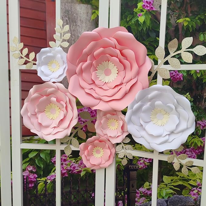 Blush Pink White 3D Paper Flower with Leaf for Nursery Wall Decorations Girl Baby Shower Nursery Decor Birthday Decorations 14 inch-6 inch Pack of 6