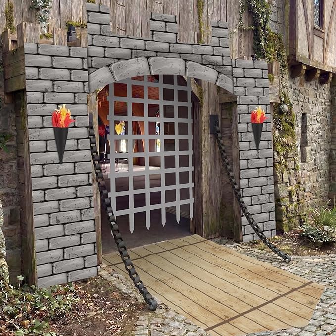 Frienda 105 Pcs Medieval Party Decorations Kit 5.9x6.6 ft Medieval Castle Backdrop Prison Fence Door Cover Fence Rug with 2 Torch Props 100 Paper Chain Brick Stone Fort for Knight Castle Photo Props