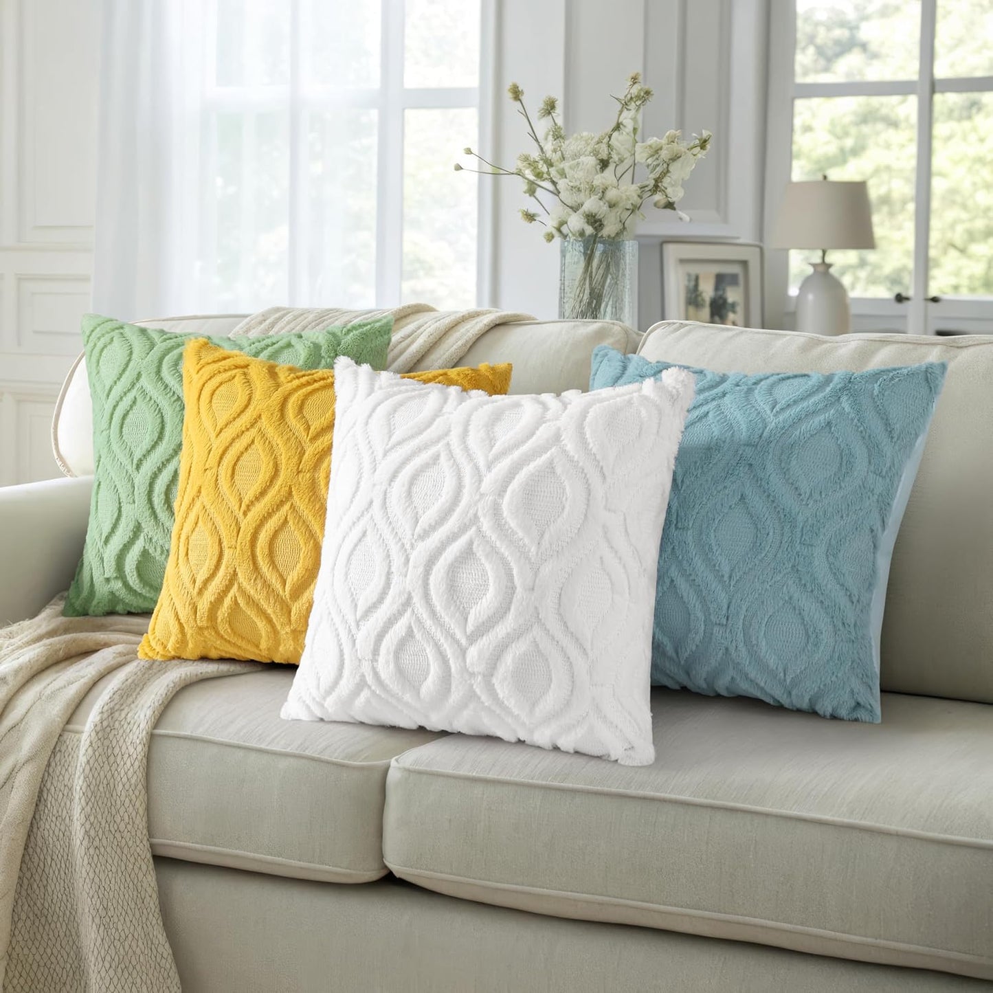 decorUhome Fall Throw Pillow Covers 12x20 Inch Set of 2, Soft Plush Decorative Faux Fur White Solid Couch Pillow Covers, Accent Farmhouse Neutral Lumbar Euro Pillow Cases for Sofa Bed Living Room