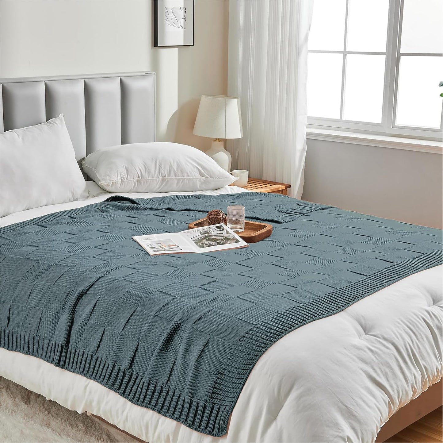CozeCube Check Knit Throw Blanket, Dusty Blue Checkered Throw for Couch, Decorative Christmas Soft Cozy Warm Knitted Blanket for Bed Sofa Living Room, 60"X80"