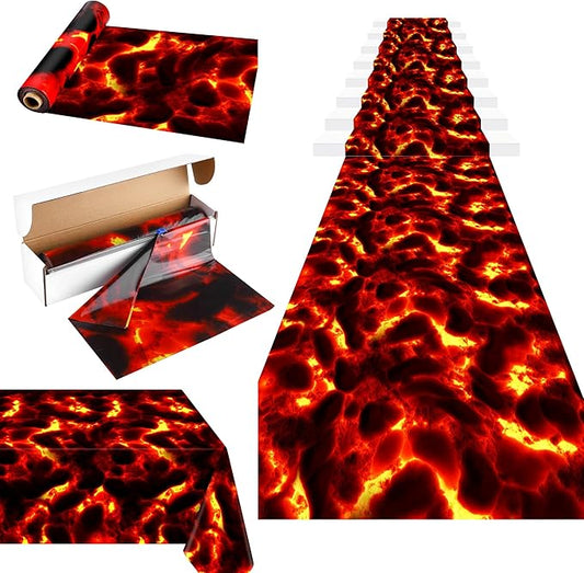 Kochorie Lava Tablecloth Roll with Cutter Box 100 Ft X 54 Inch Frame Volcano Table Cover Disposable Hot Lava Plastic Party Supplies for Volcano Dinosaur Theme Party Halloween Game Decorations