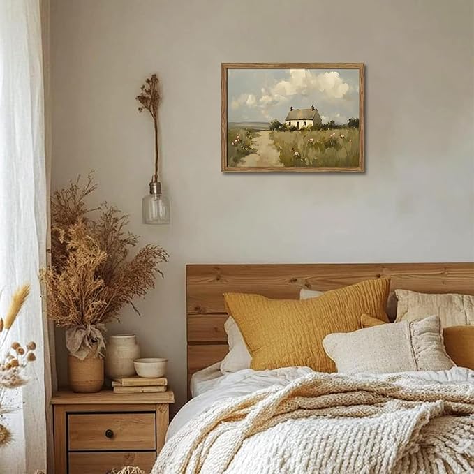 Vintage Wall Art, Framed English Countryside Cottage Painting Print, Country Farmhouse Canvas Wall Art, Rustic Landscape Pictures Artwork Wall Decor for Bedroom Living Room – 16x24 inch