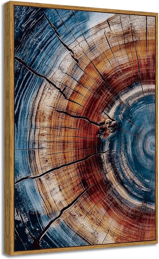 BingruiArt Large Framed Tree Ring Wall Art Blue and Red Boho Wall Decor Nature Print Wood Canvas Rustic Artwork Abstract Painting Modern Picture for Living Room Bedroom Bathroom 24"x36" Natural Framed(01)