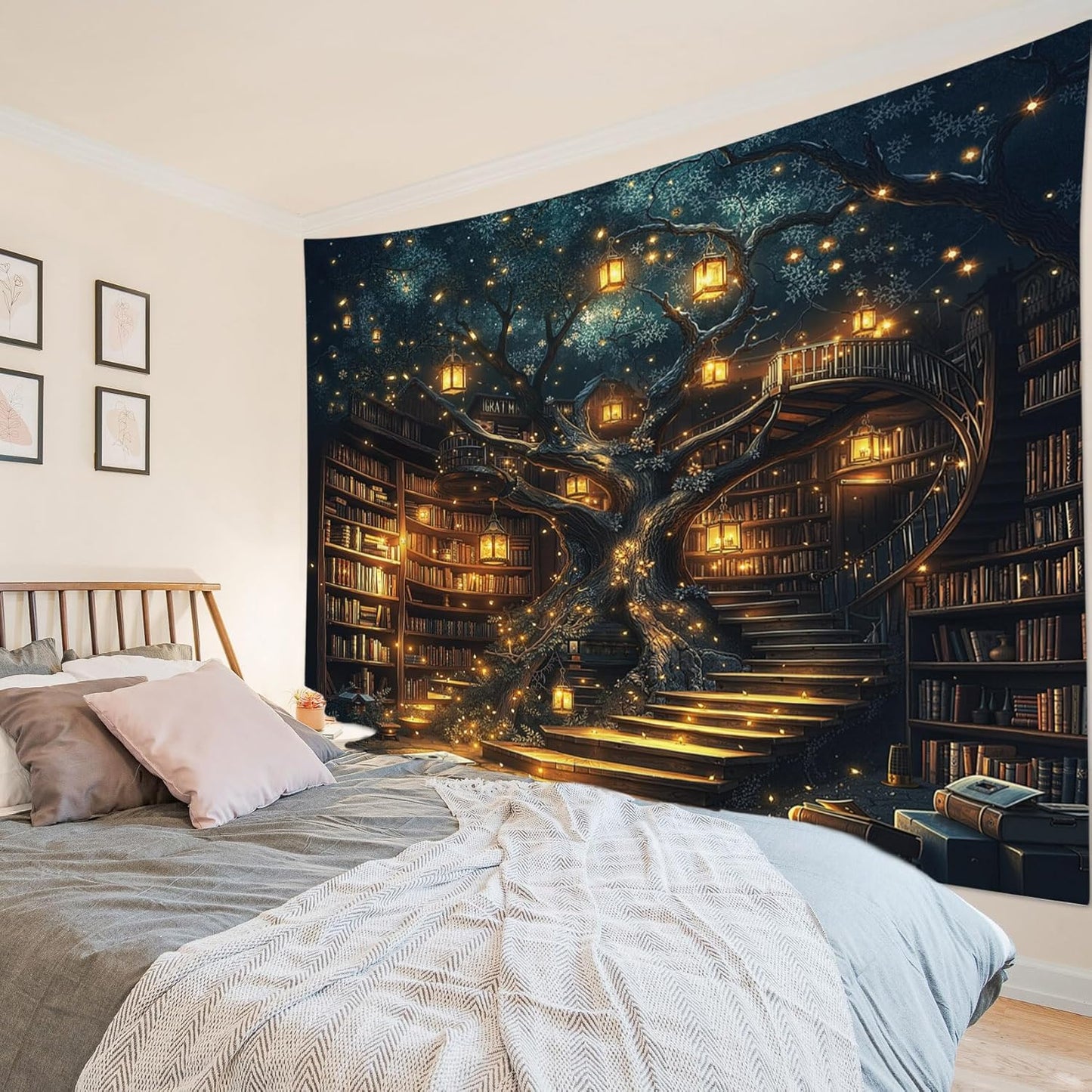 HVEST Fantasy Library Bookshelf Tapestry for Classroom Fairytale Tree Magic Bookshelf Wall Decor Retro Vintage Tapestry for Bedroom Living Room Study Room Dorm, 60L x 80W Inches