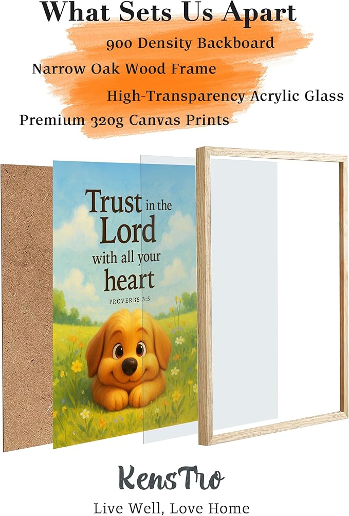 KensTro Natural OAK Wood Nursery Decor Framed Wall Art, 12x16 in Inspirational Christian Bible Verse Wall Art,Trust In the Lord with All Your Heart Proverbs 3:5 for Boys Girls Bedroom Decor Set of 1