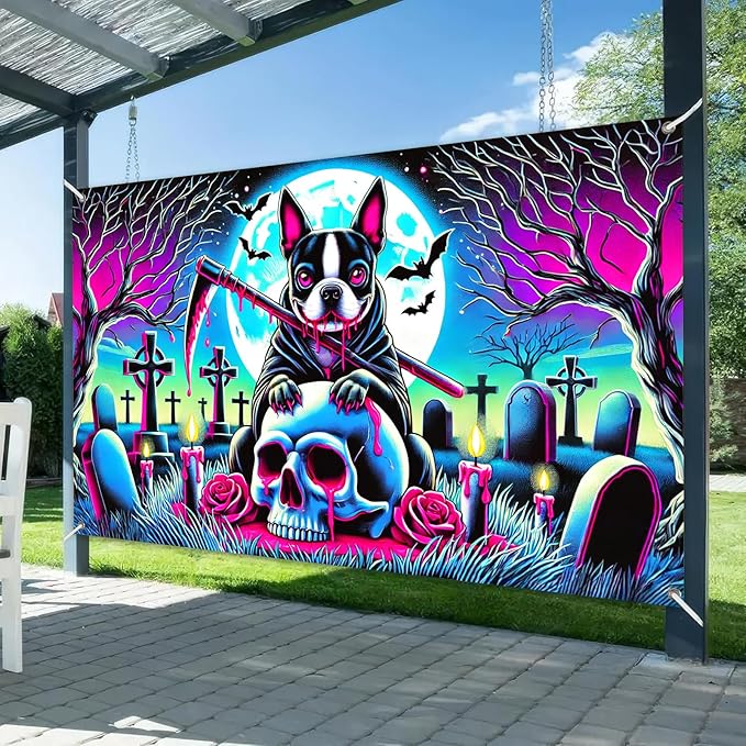 Halloween Banner Dog Skull Backdrop Trick or Treat Decor Scary Halloween Decoration Creepy Graveyard Wall Hanging for Outdoor Indoor Party