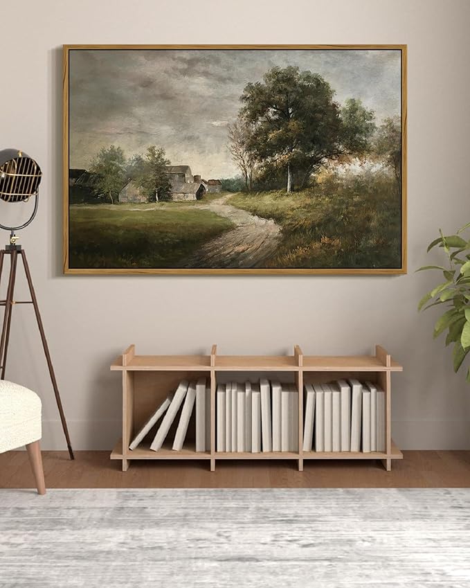 SHENIFY Vintage Landscape Framed Wall Art Rustic Cottage Countryside Farmhouse Decor Retro Painting for Hallway Living Room Bedroom Dining Room - 24x36in Natural Framed