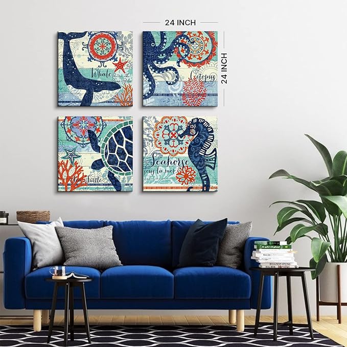 4 Panel Teal Blue Home Wall Art Decor Framed Artwork for Bathroom Living Room Canvas Print Beach Coastal Sea Turtle Octopus Seahorse Whale Pictures Posters Bedroom Decoration 24 x 24 / Piece Set