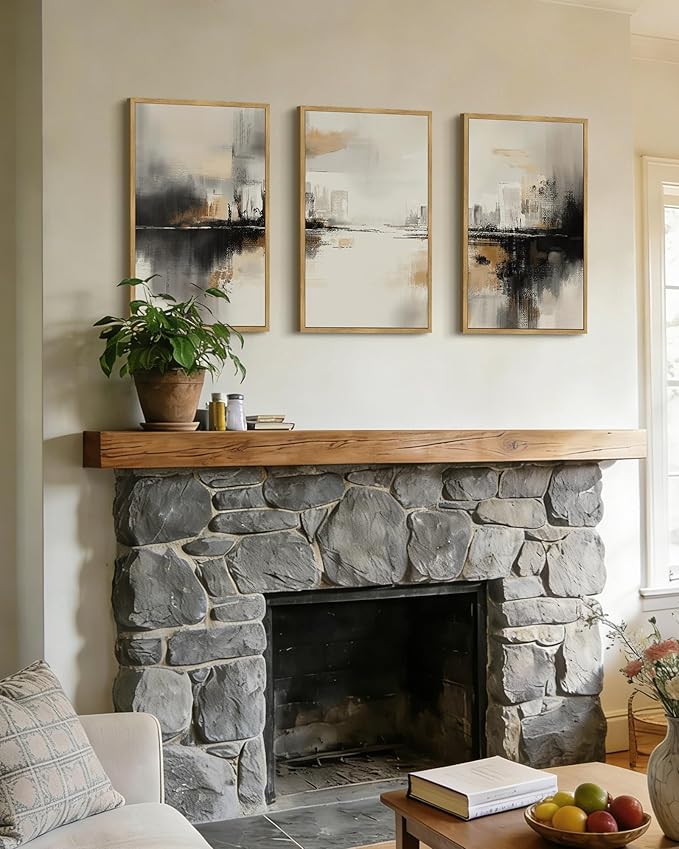 Drsoum Vintage Black Gray Abstract Wall Art Framed Brown Tan Neutral Prints Minimalist Modern Rustic Artwork Bedroom Living Room Ready to Hang 16x24in Natural Framed