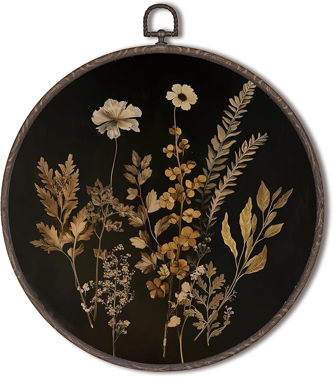 XNXLDYLH Vintage Black Dark Cottagecore Round Framed Wall Art Decor, Rustic Floral Hanging Wall Decor Decorations, Botanical Canvas Prints Wall Art Pictures Paintings for Farmhouse, 10x10 Inches